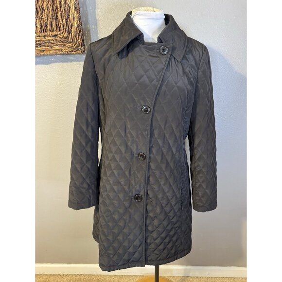 Talbot's Quilted Puffer Coat PM Petite Medium Mid Length Black W Pockets - Picture 8 of 16